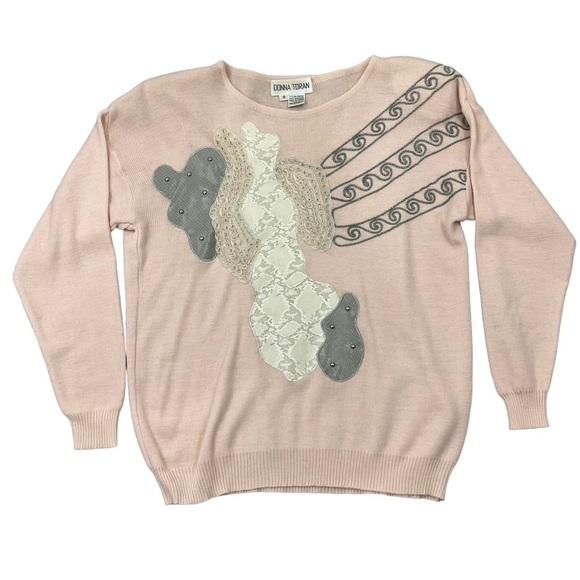 Donna Toran Vintage Lambs Wool Blend 3D Pink Patchwork Granny Sweater SZ Small - Picture 5 of 14